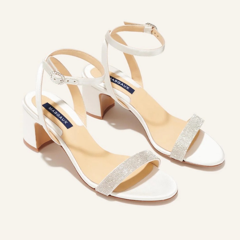 Margaux Stella Crystal Heels in Satin Ivory Size 7.5, New in Box
